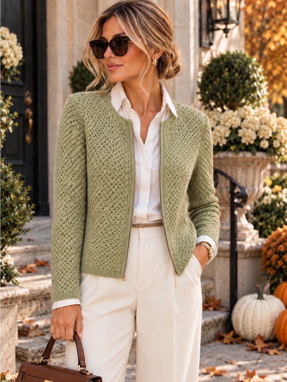 Elena Solano 100% Cashmere Cardigan Sweater XL Sage Green Textured Zip Front